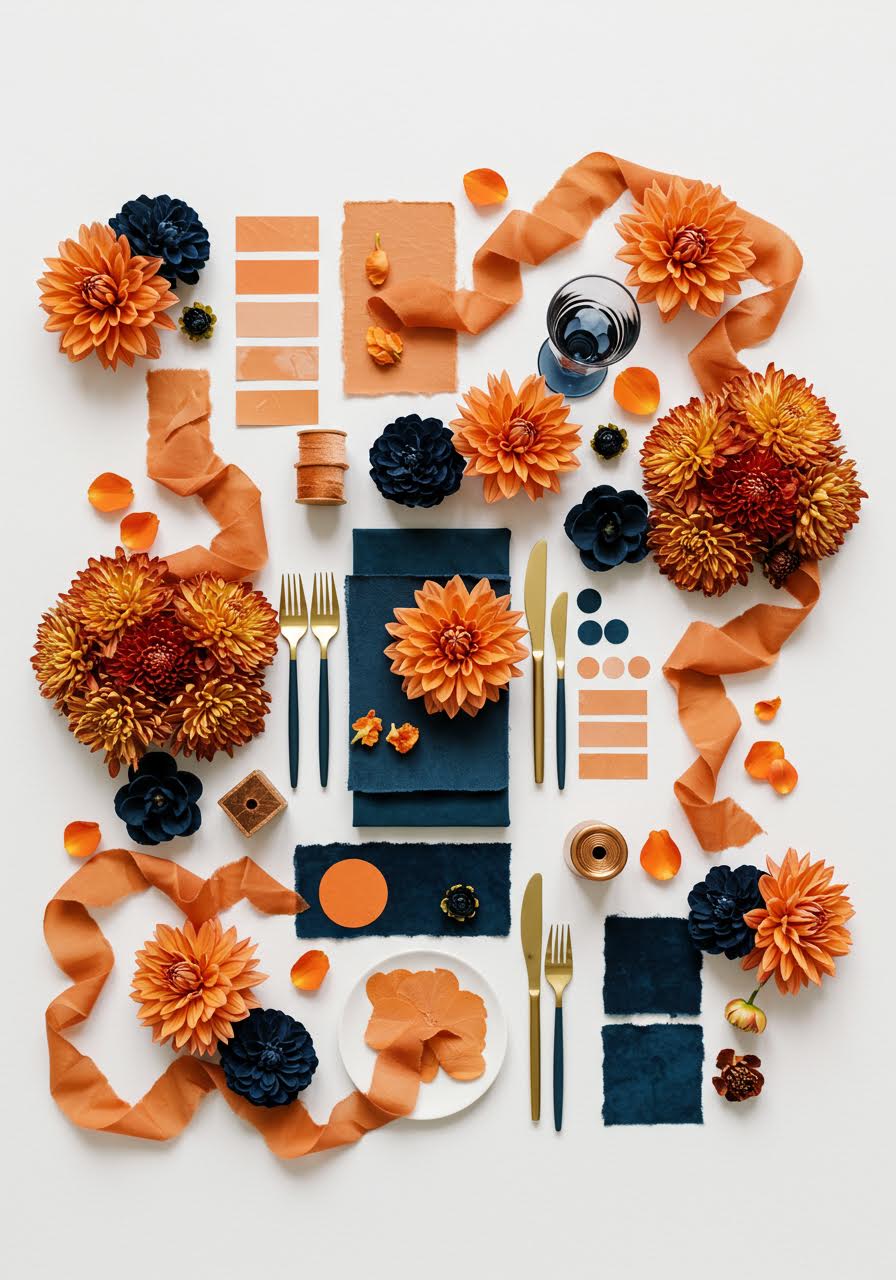 Autumn wedding mood board with navy blue, burnt orange and copper metallic accents