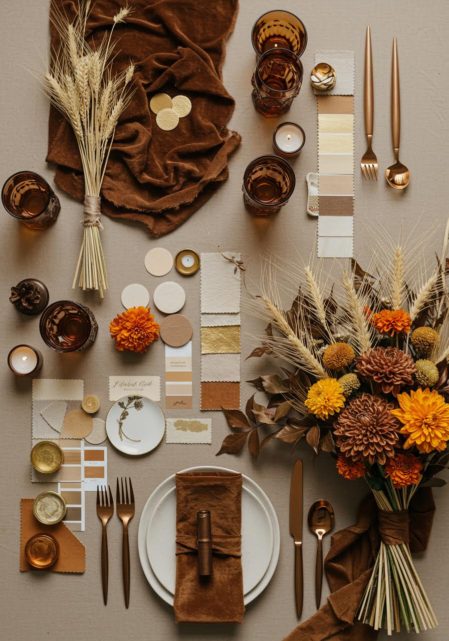 Gilded harvest wedding palette with golden tones, rich brown and warm wheat accents