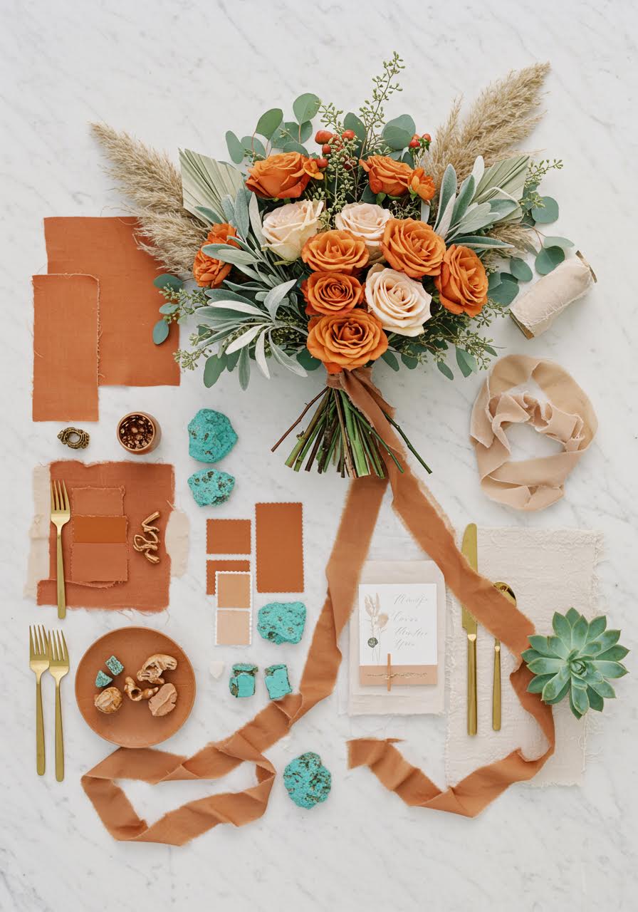 Bohemian desert wedding palette with rust orange, turquoise blue and sandy beige tones