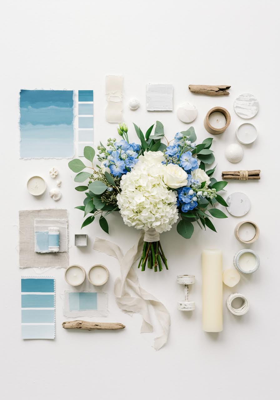Coastal wedding inspiration with ocean blues, sandy beige tones and crisp white accents