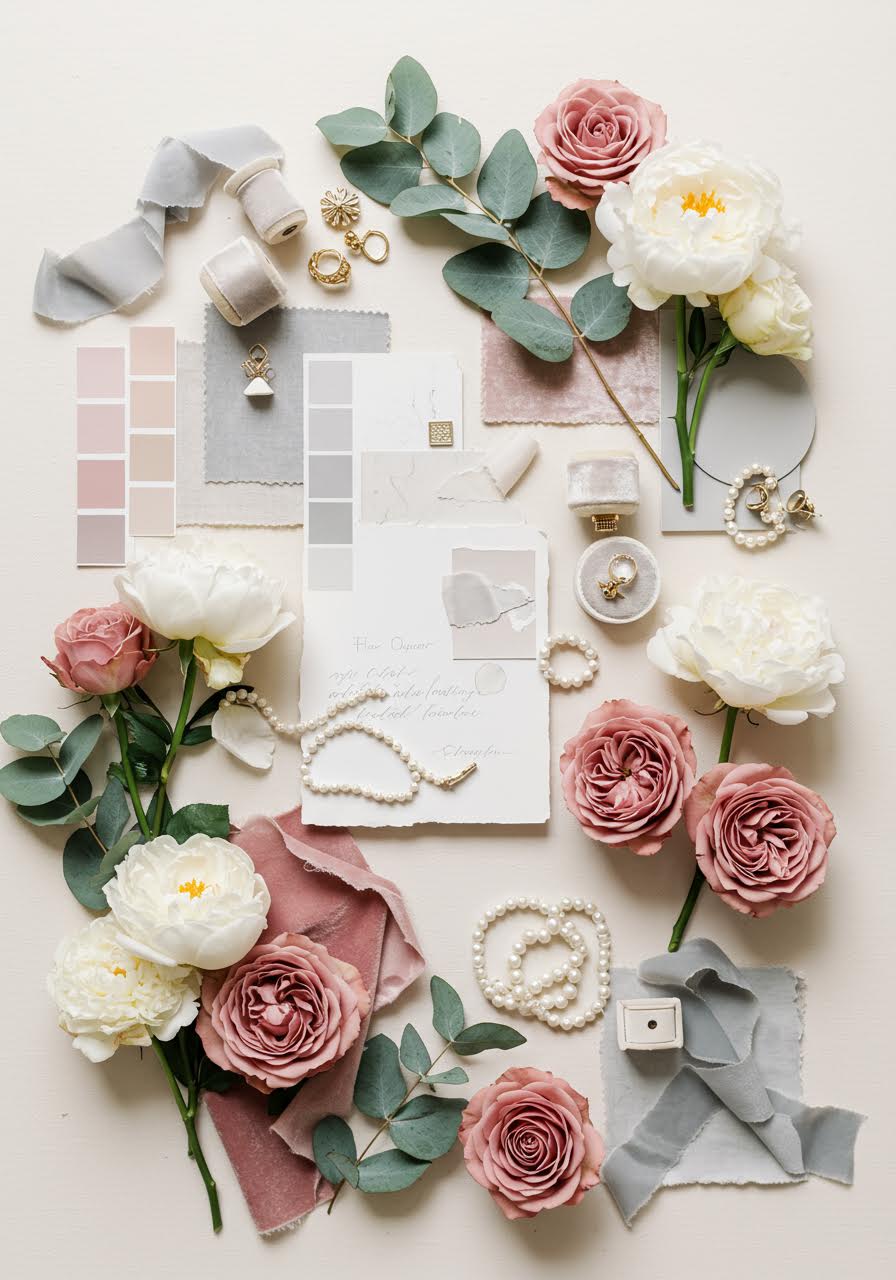 Velvet and pearls wedding palette with dusty rose, ivory and soft gray tones