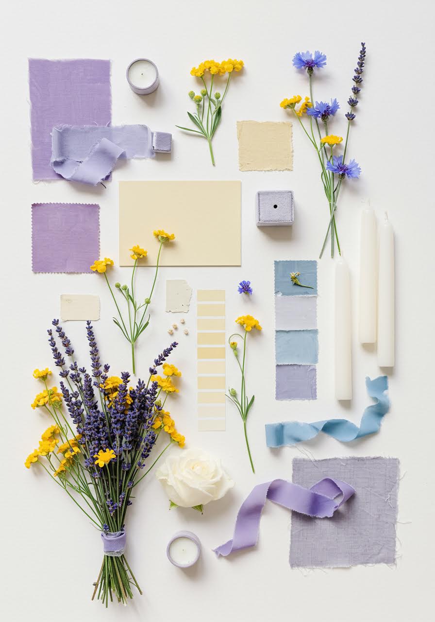 Wildflower meadow wedding inspiration with lavender, sunny yellow and cornflower blue