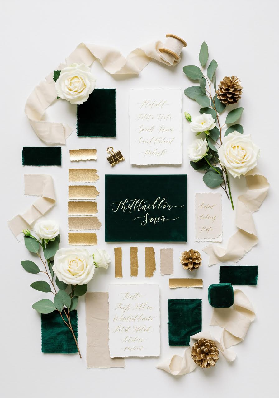 Emerald green winter wedding mood board with gold accents and cream florals