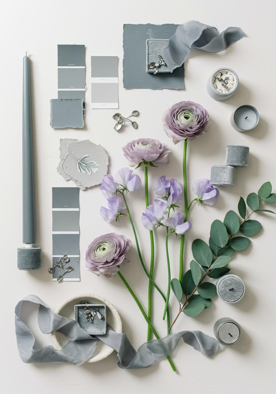 Misty morning wedding palette with soft gray, gentle lilac and muted green tones
