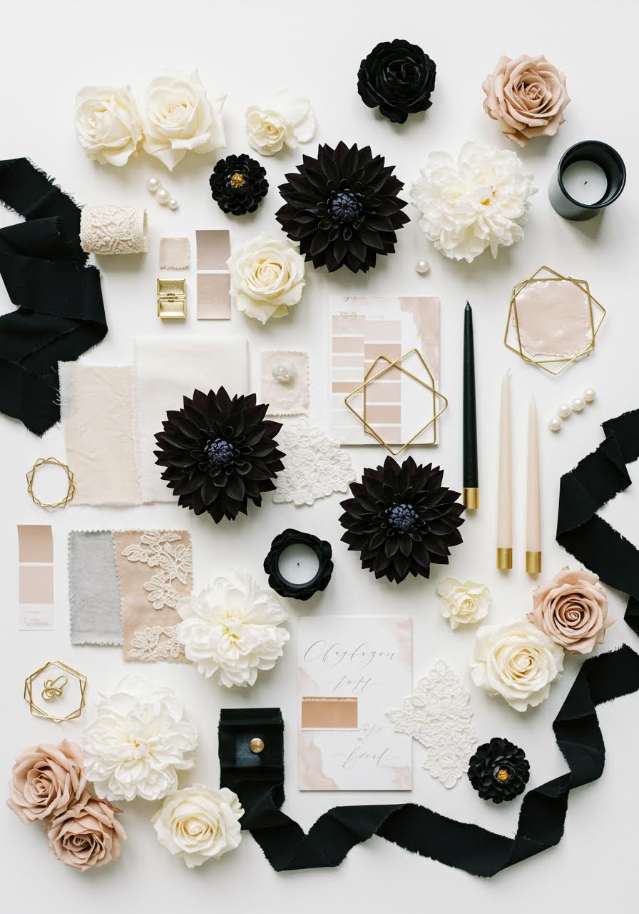 Luxury black dahlia wedding palette with champagne gold and ivory accents