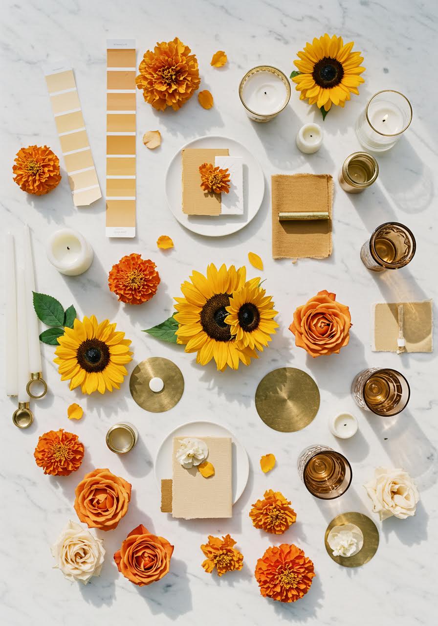 Golden hour wedding palette featuring marigold flowers, amber tones and rose gold details