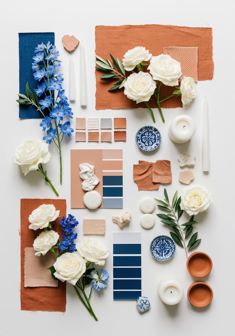 Mediterranean wedding palette with azure blue, crisp white and warm terracotta elements