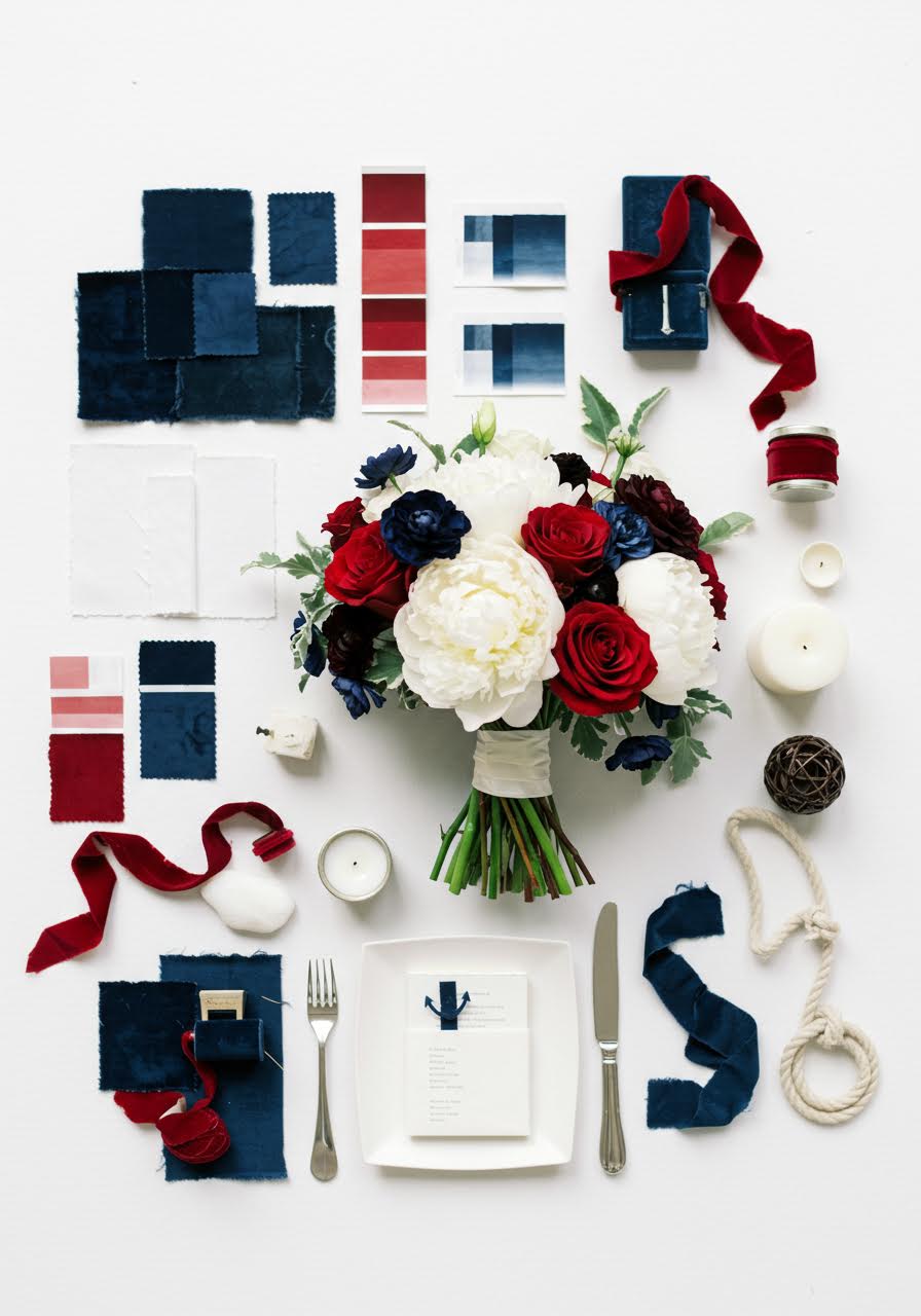 Nautical wedding palette with navy blue, crisp white and classic red accents