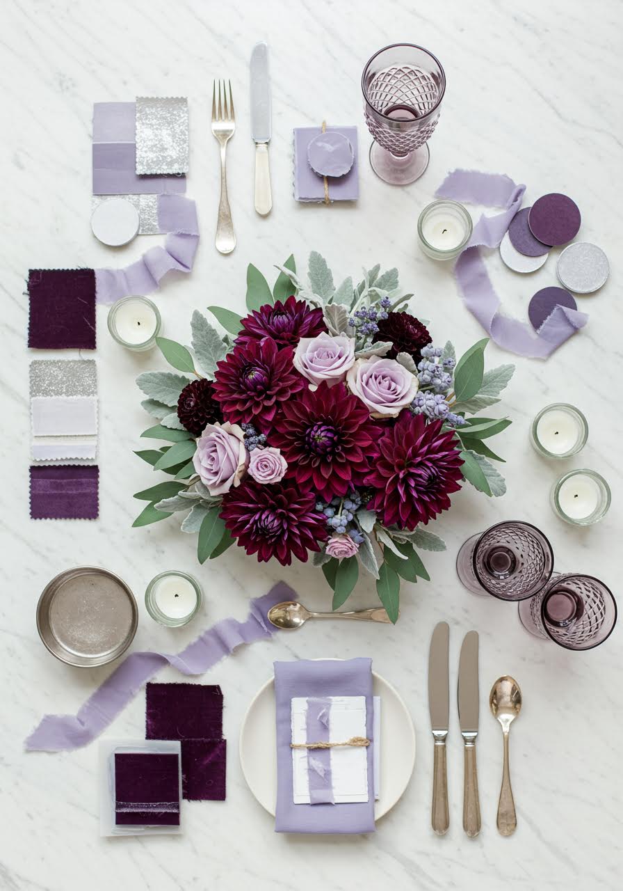 Frosted berries wedding palette featuring deep plum dahlias, lavender and silver accents