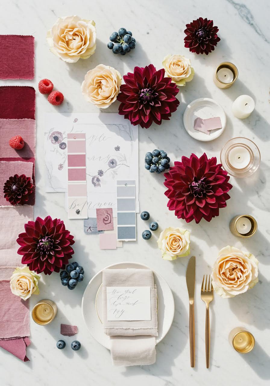 Summer berry wedding mood board with raspberry pink, blueberry purple and cream florals