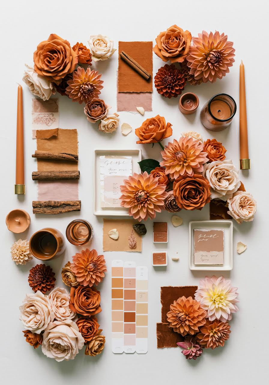Warm terracotta and cinnamon wedding palette with dusty rose florals and earthy textures