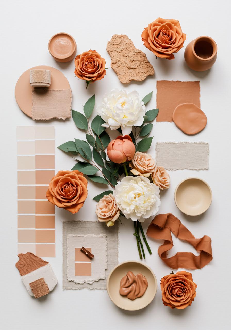 Terracotta sun wedding palette with clay tones, sandy neutrals and ivory accents