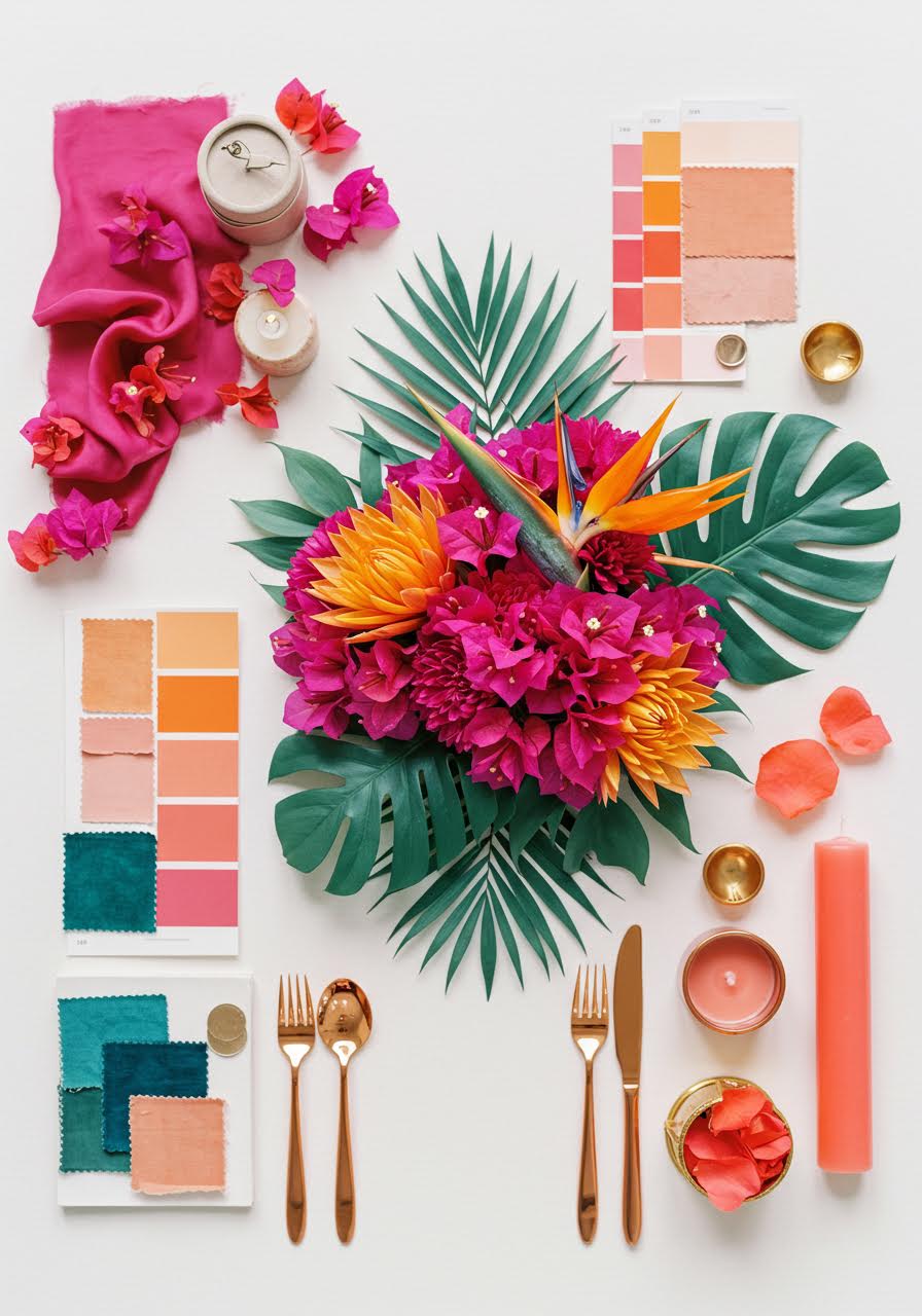 Tropical jewel tones wedding palette with bright magenta, teal and orange florals