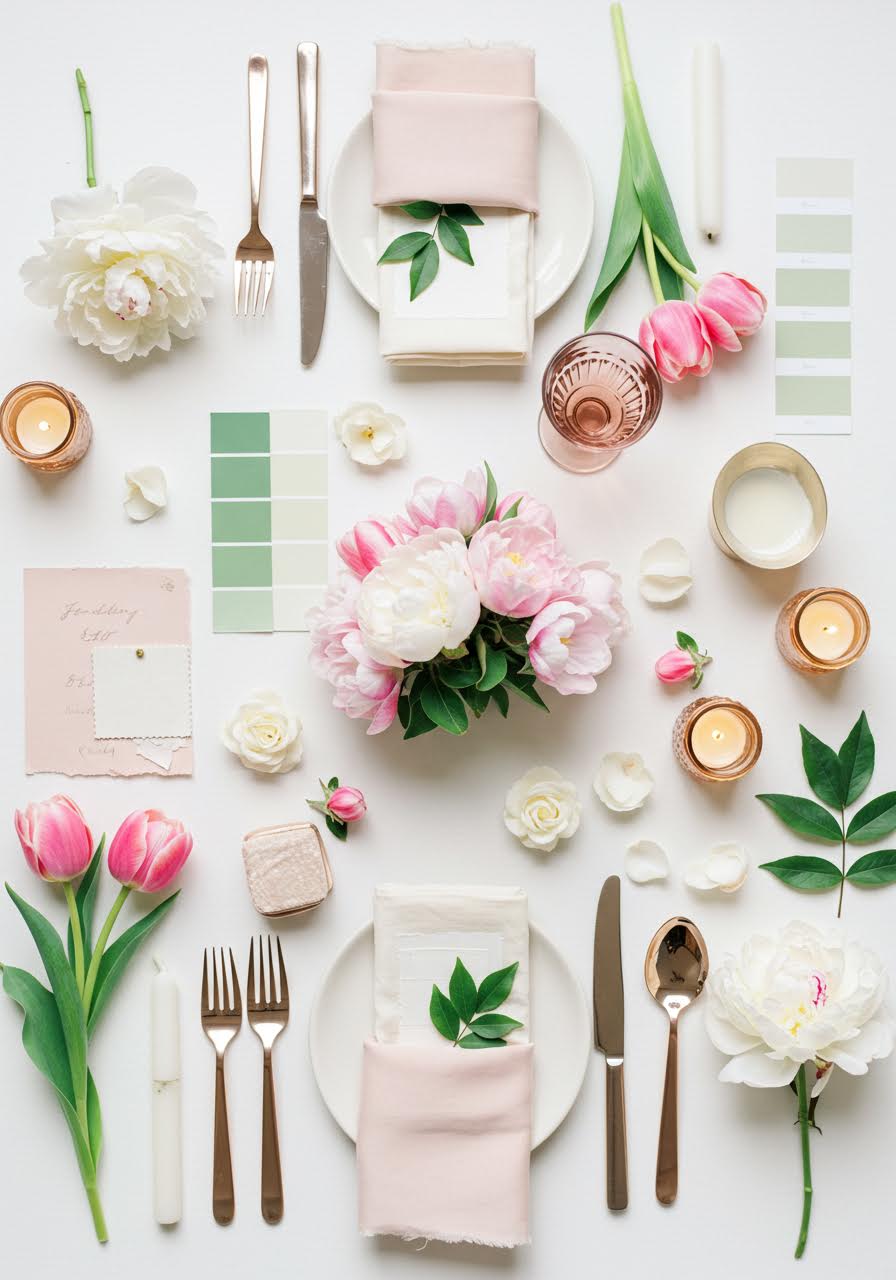 Orchard wedding inspiration with apple green, pink blossoms and cream tulips and peonies