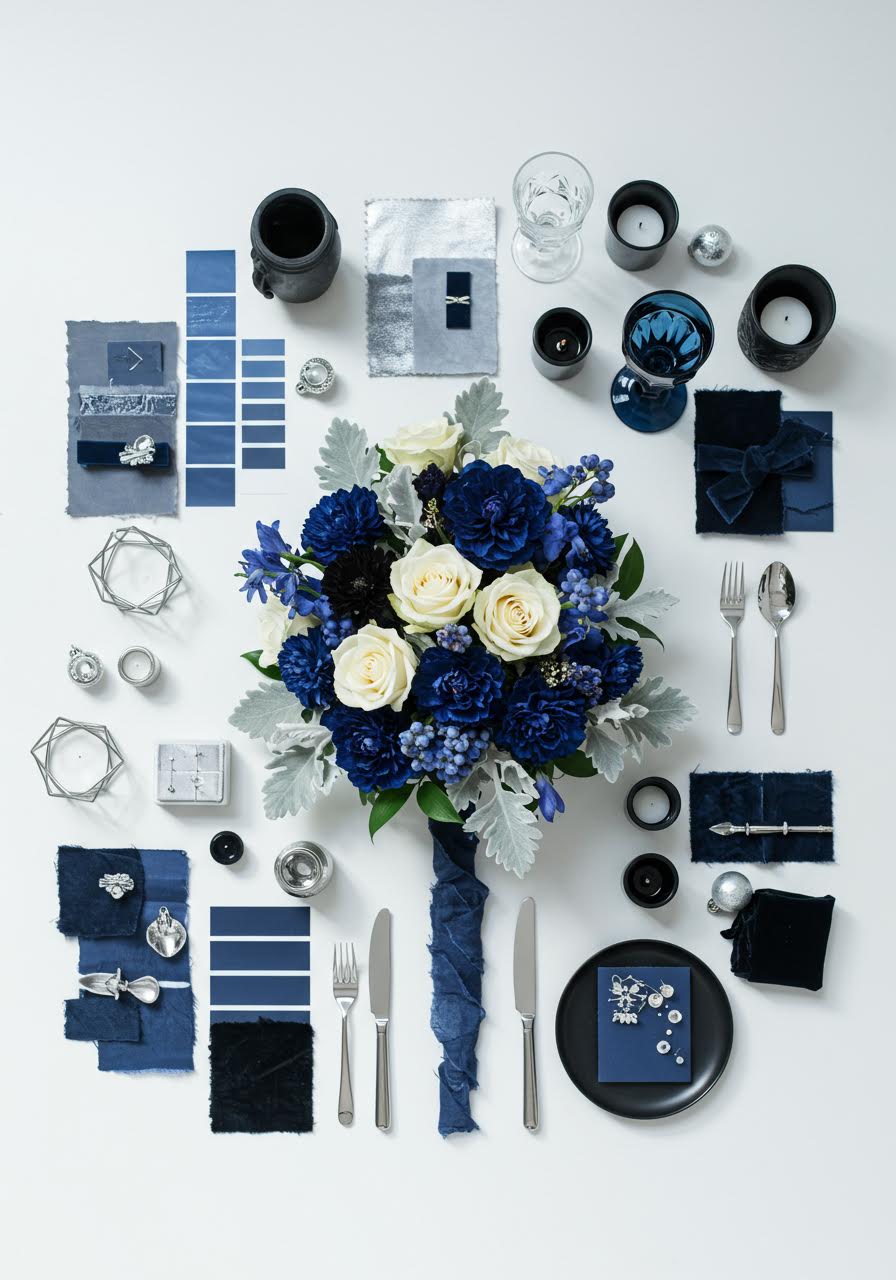 Starry night wedding palette with sapphire delphiniums, silver details and black accents
