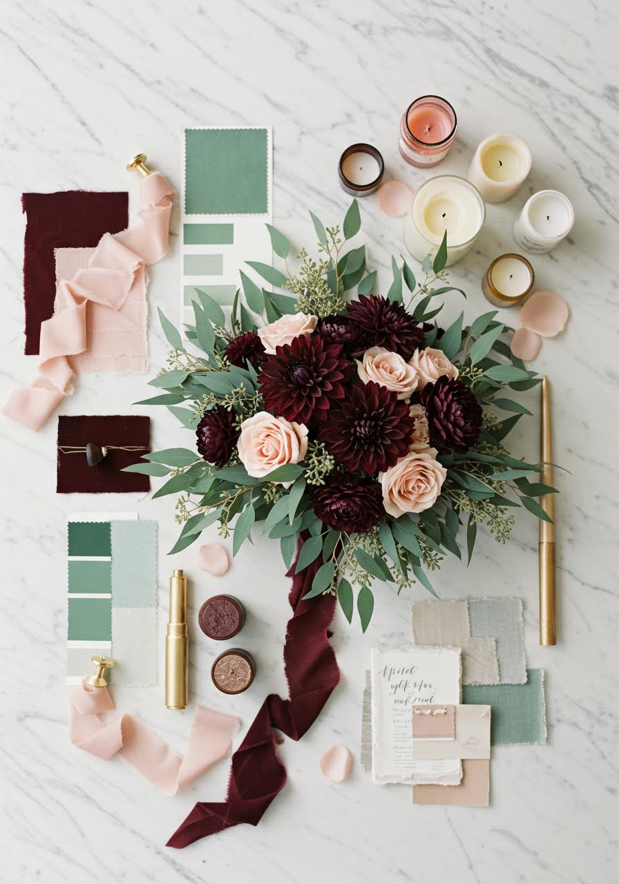 Winter romance wedding palette with deep burgundy, soft blush and evergreen accents