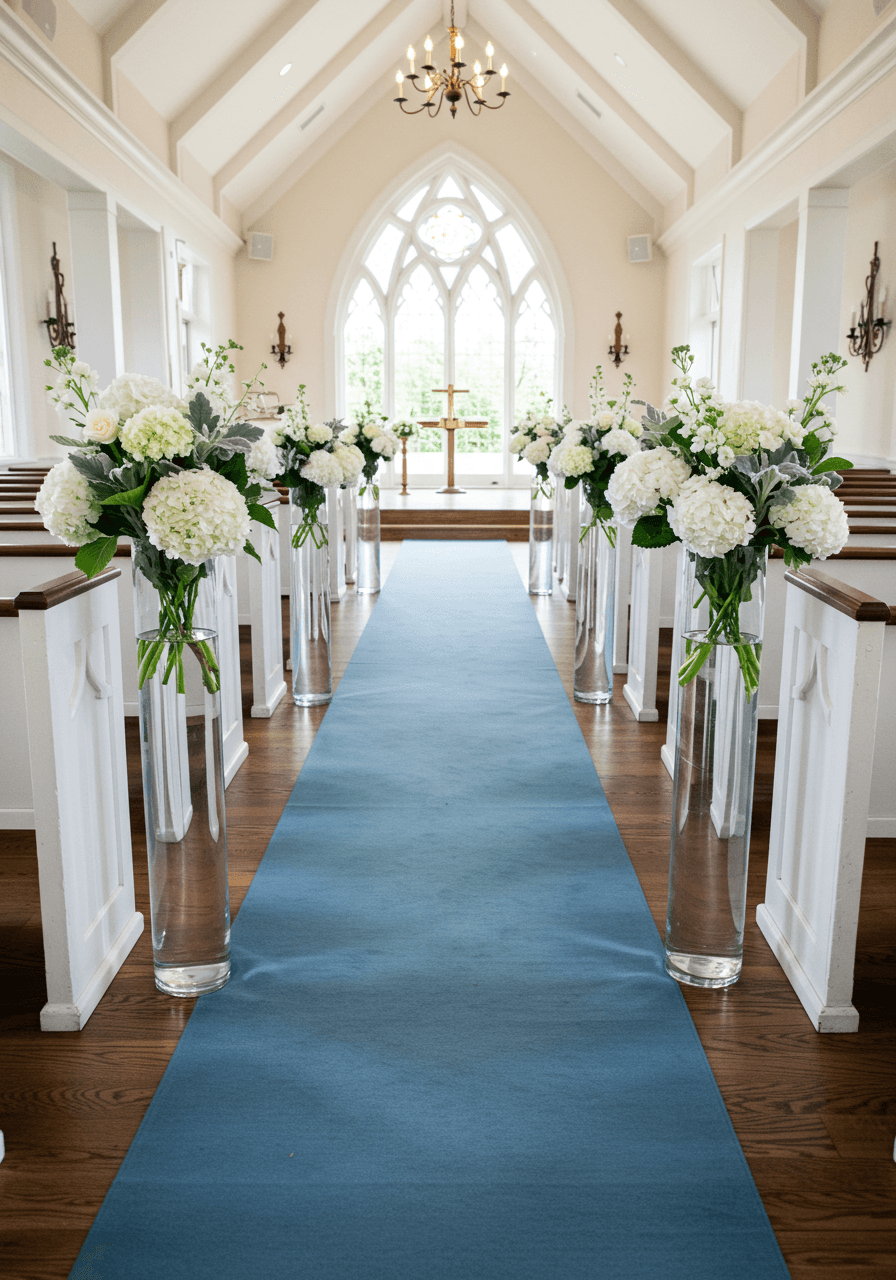 Dusty blue silk aisle runner with tall glass cylinders of white hydrangeas in elegant chapel