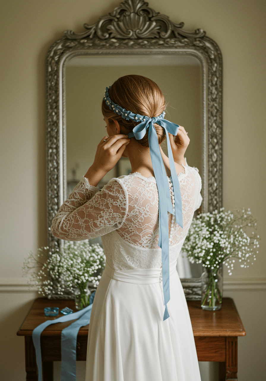 Bride adjusting dusty blue silk ribbon headband with pearl details in front of vintage mirror