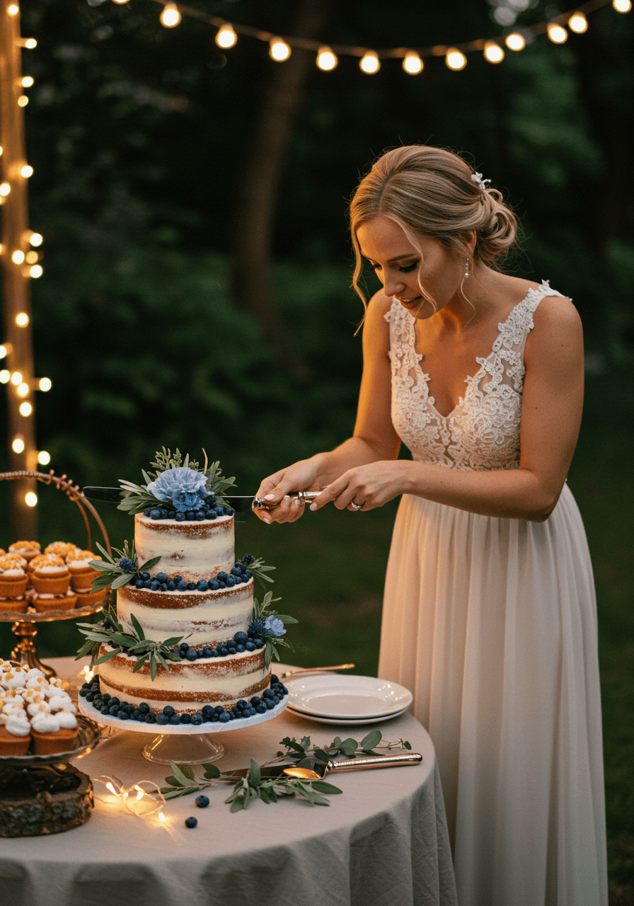 Naked wedding cake with fresh blueberries and dusty blue florals in outdoor garden with string lights