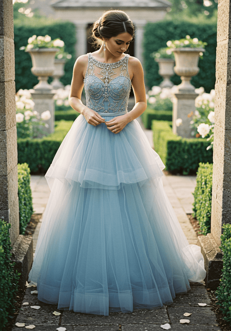 Detail of dusty blue ball gown's crystal beadwork and full tulle skirt in garden setting