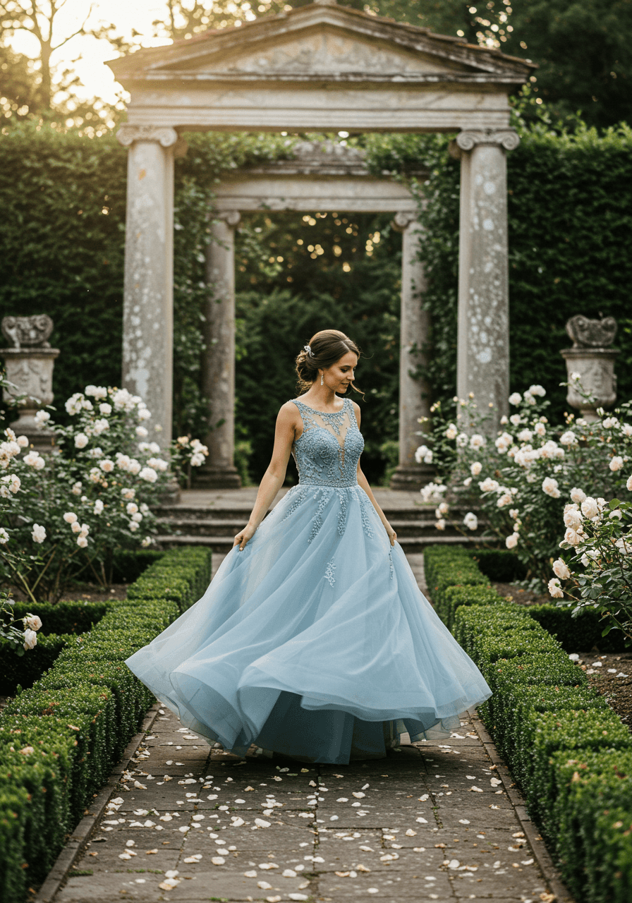 Bride in dusty blue ball gown with intricate beading twirling in European garden with white roses