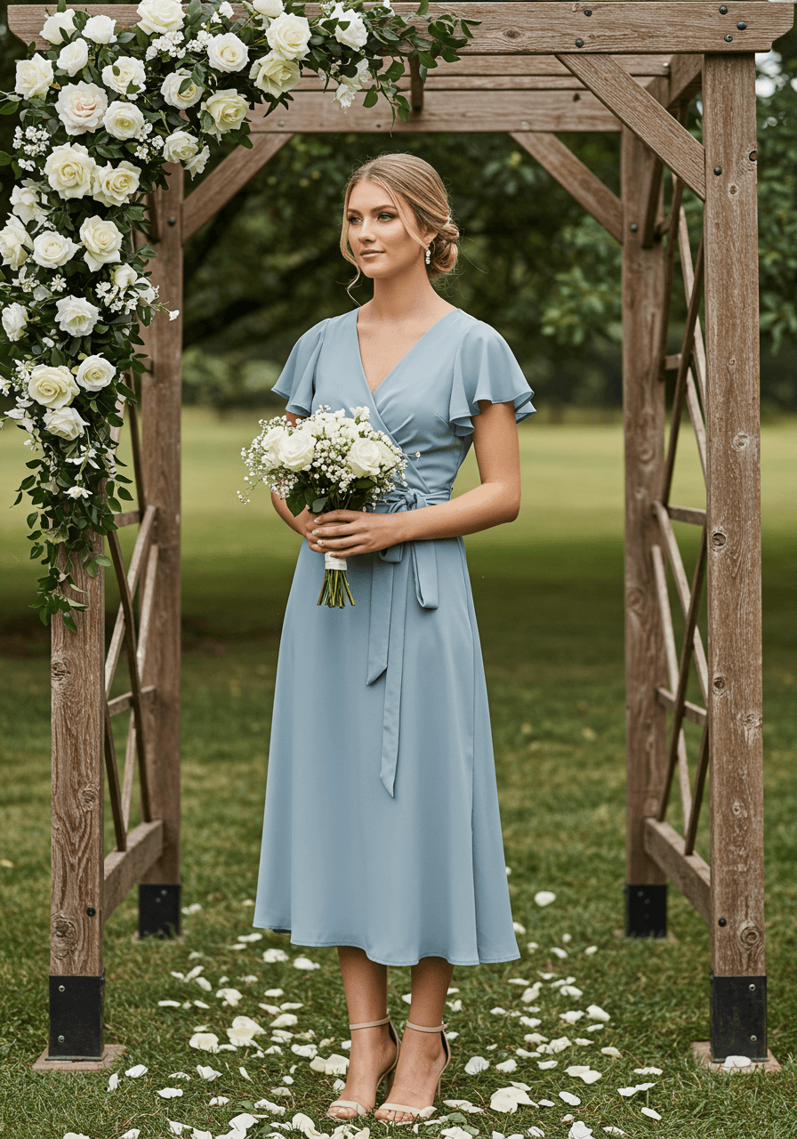 Bridesmaid in dusty blue midi wrap dress with flutter sleeves by rustic wooden arbor with white roses