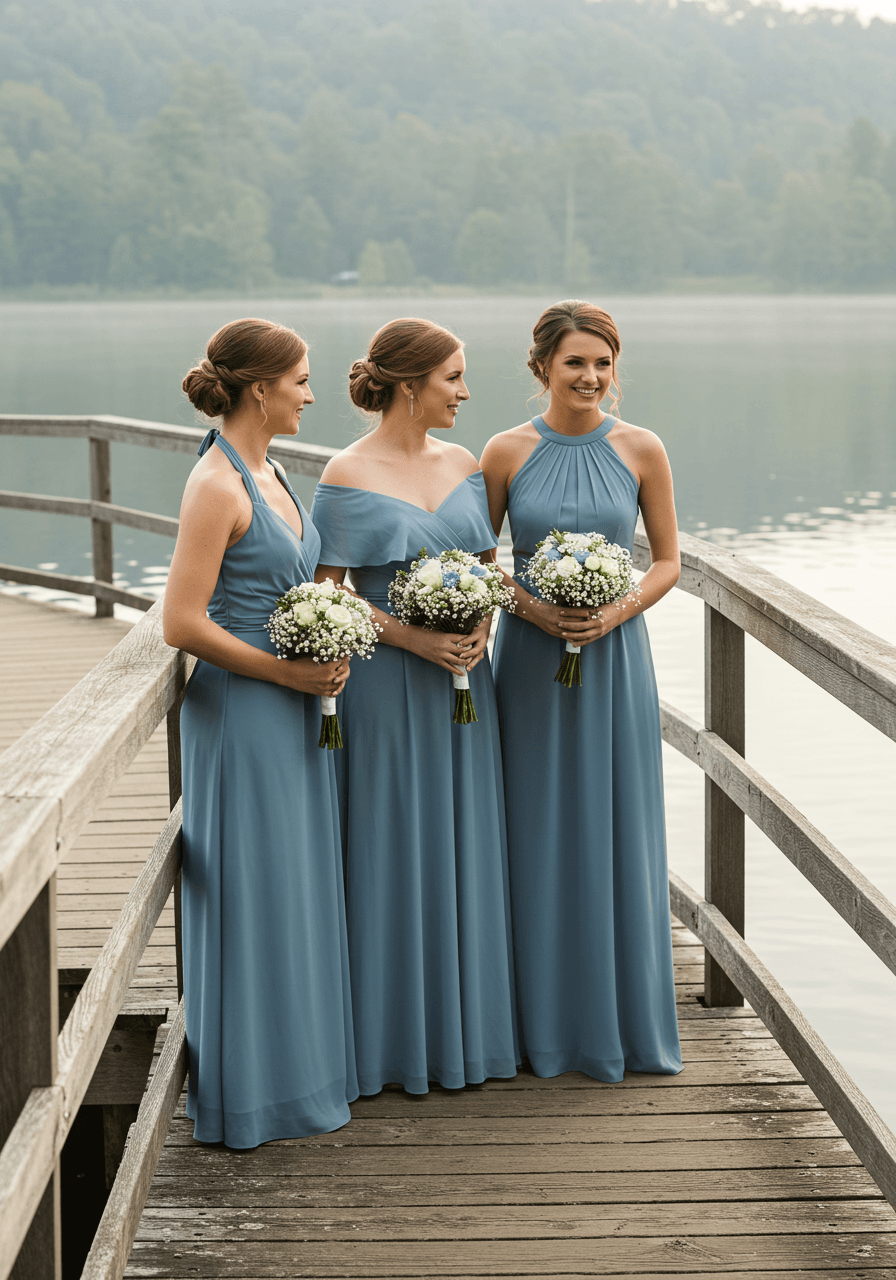 Bridesmaids in coordinating dusty blue gowns with misty lake and hills in background