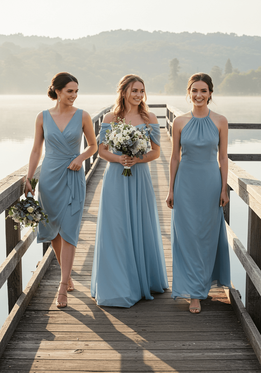 Three bridesmaids in varied dusty blue dress styles walking on lakeside wooden boardwalk