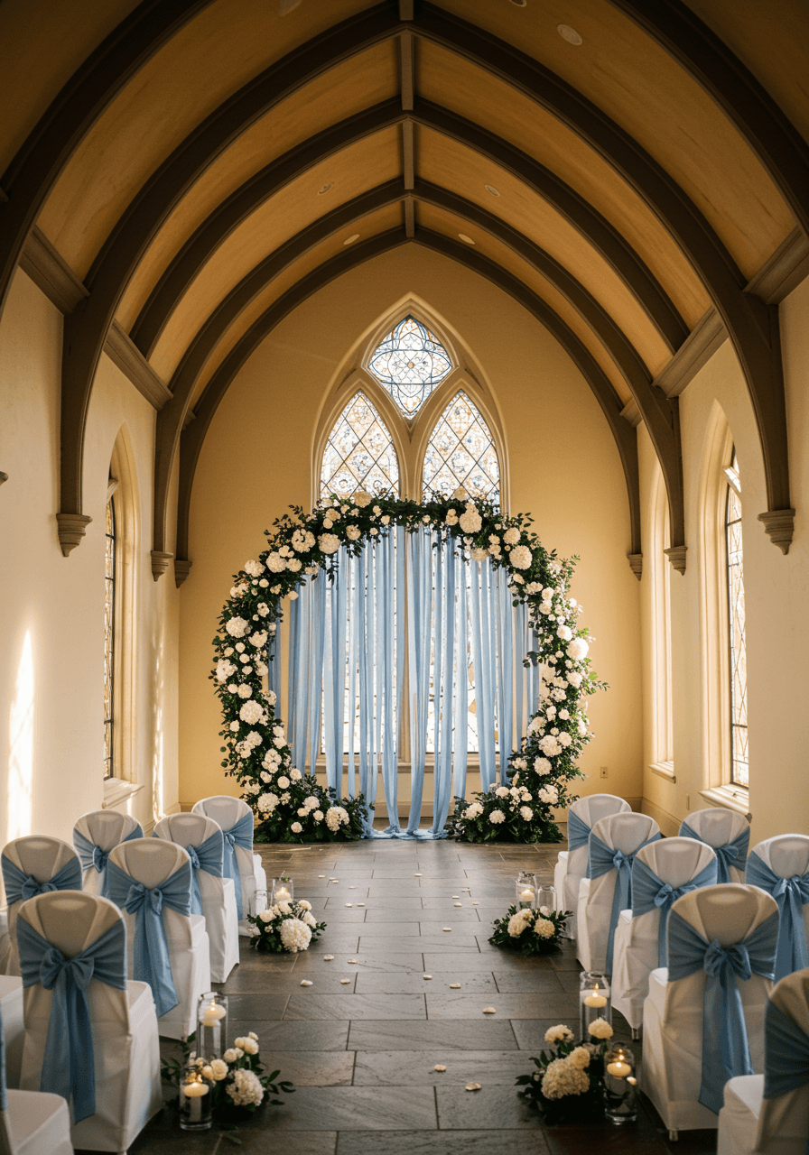 Overhead view of round floral ceremony installation with dusty blue silk ribbons and hydrangeas