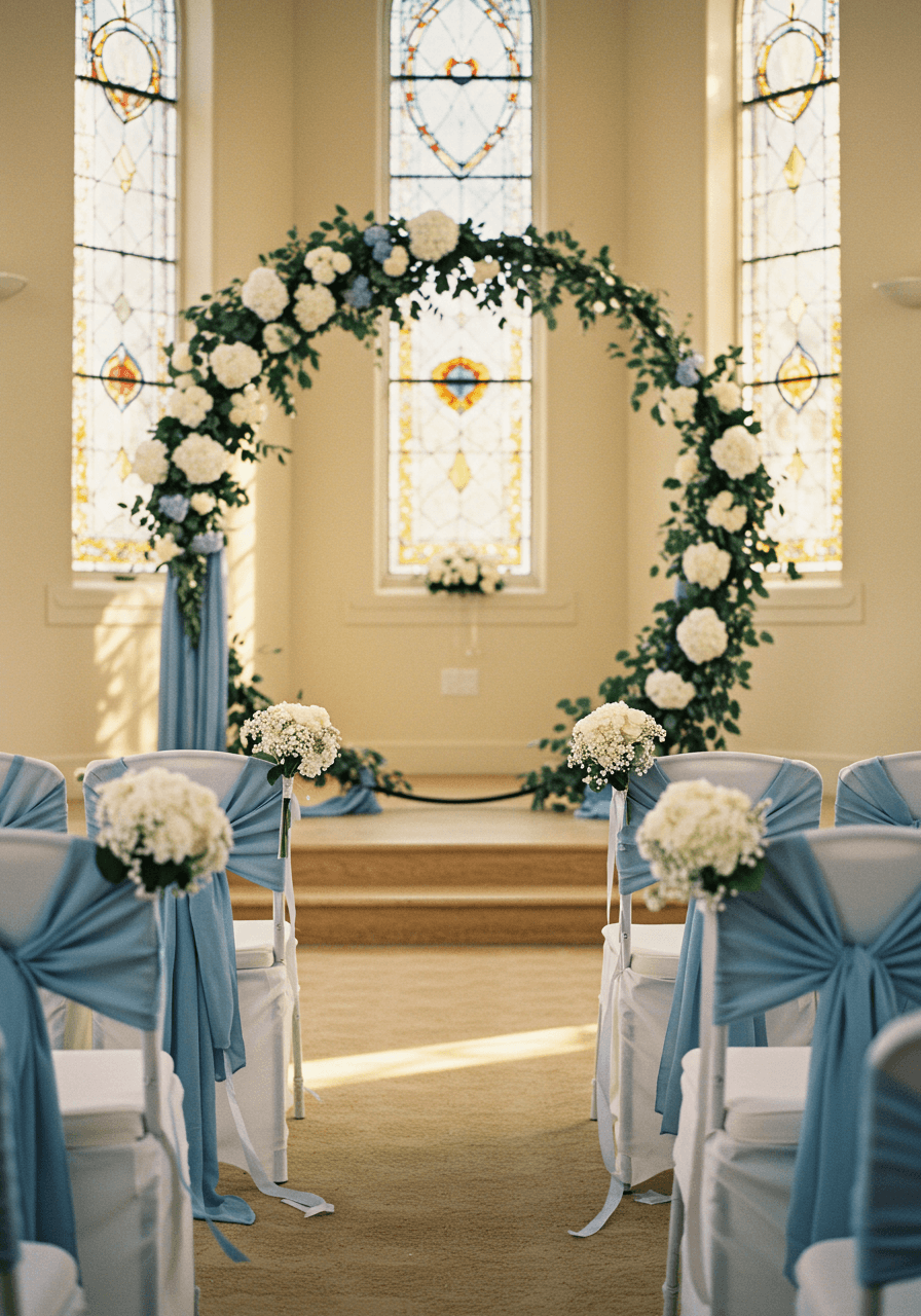 Circular dusty blue floral backdrop with cascading ribbons behind white ceremony chairs in chapel