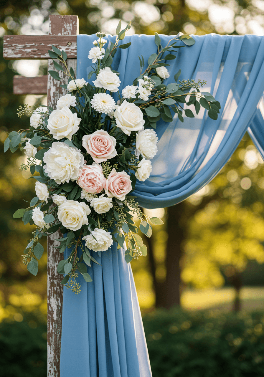 Draped dusty blue fabric ceremony backdrop with blush flowers in close detail