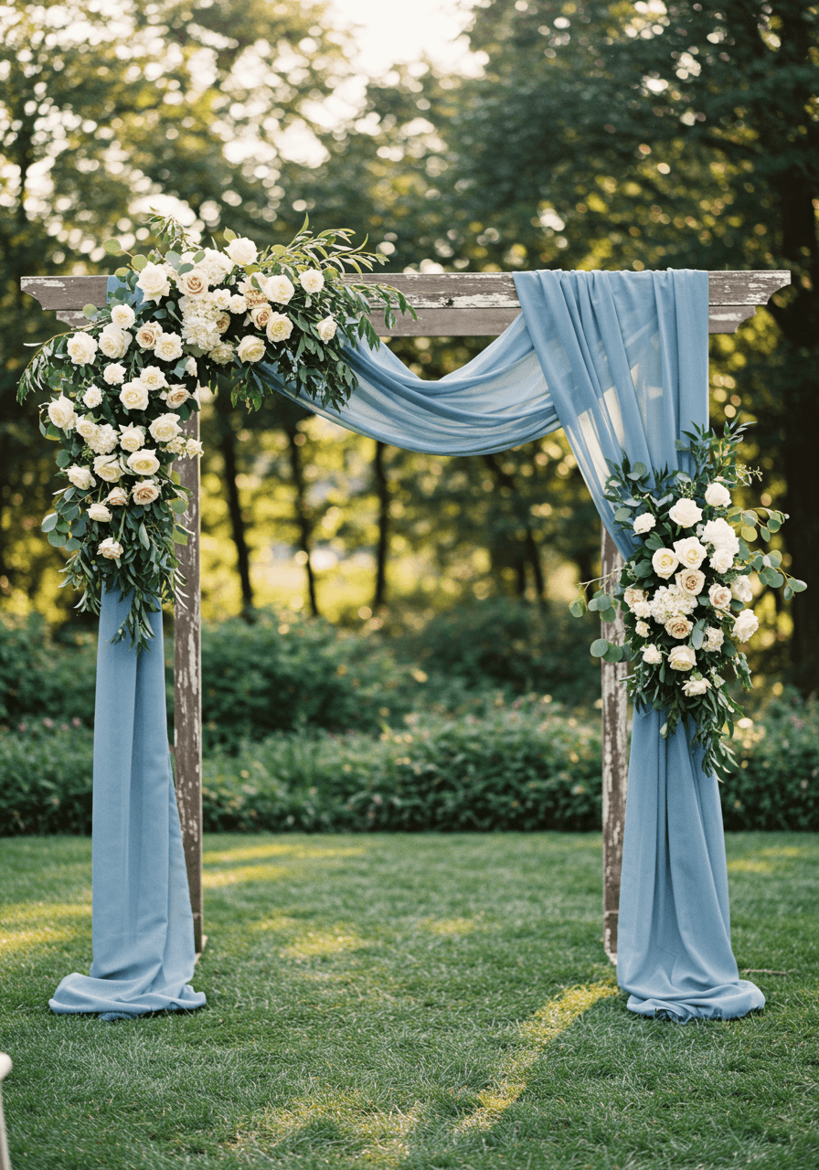 Dusty blue chiffon ceremony arch with white roses and eucalyptus in garden setting