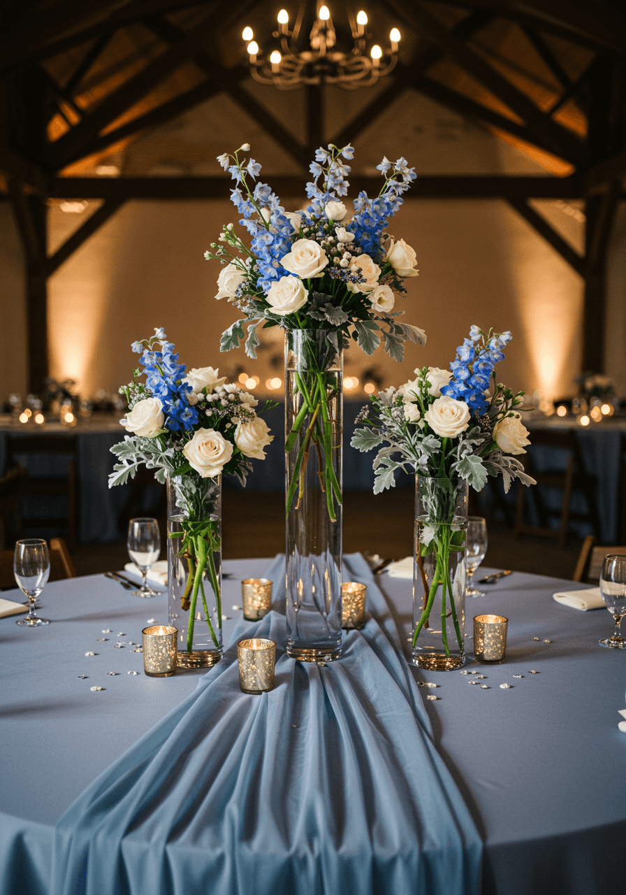 Varying height floral centrepieces with dusty blue flowers and candlelight in reception hall