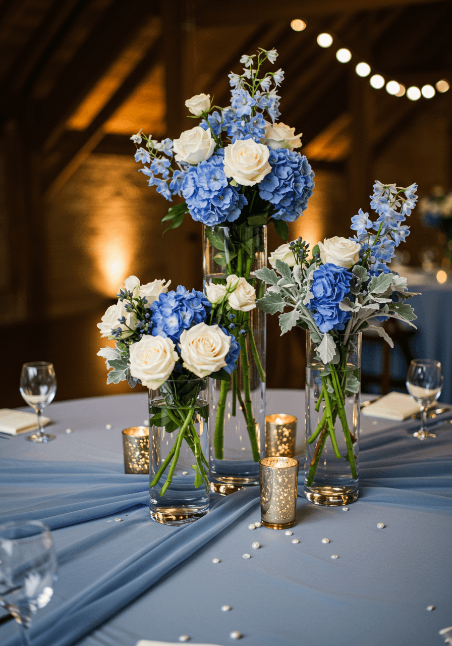 Three glass cylinder vases with dusty blue delphiniums and white roses on chiffon tablecloth