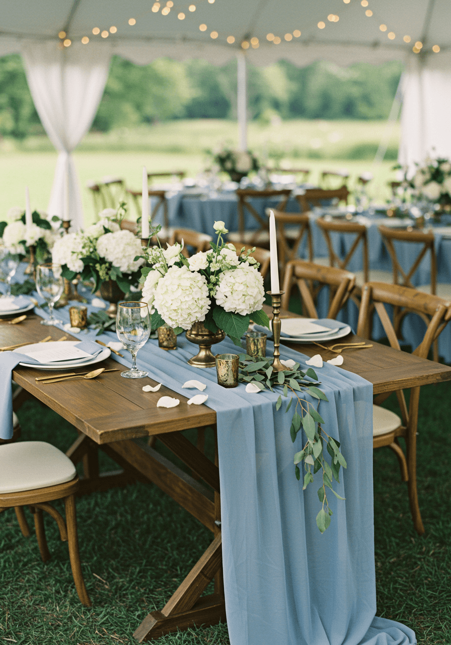 Dusty blue silk table runner on rustic wood table with white hydrangeas in garden pavilion