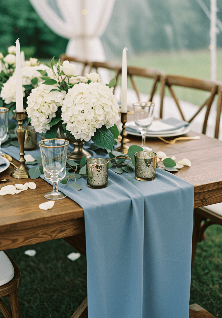 Detail of dusty blue table runner with eucalyptus and gold votives on farmhouse table