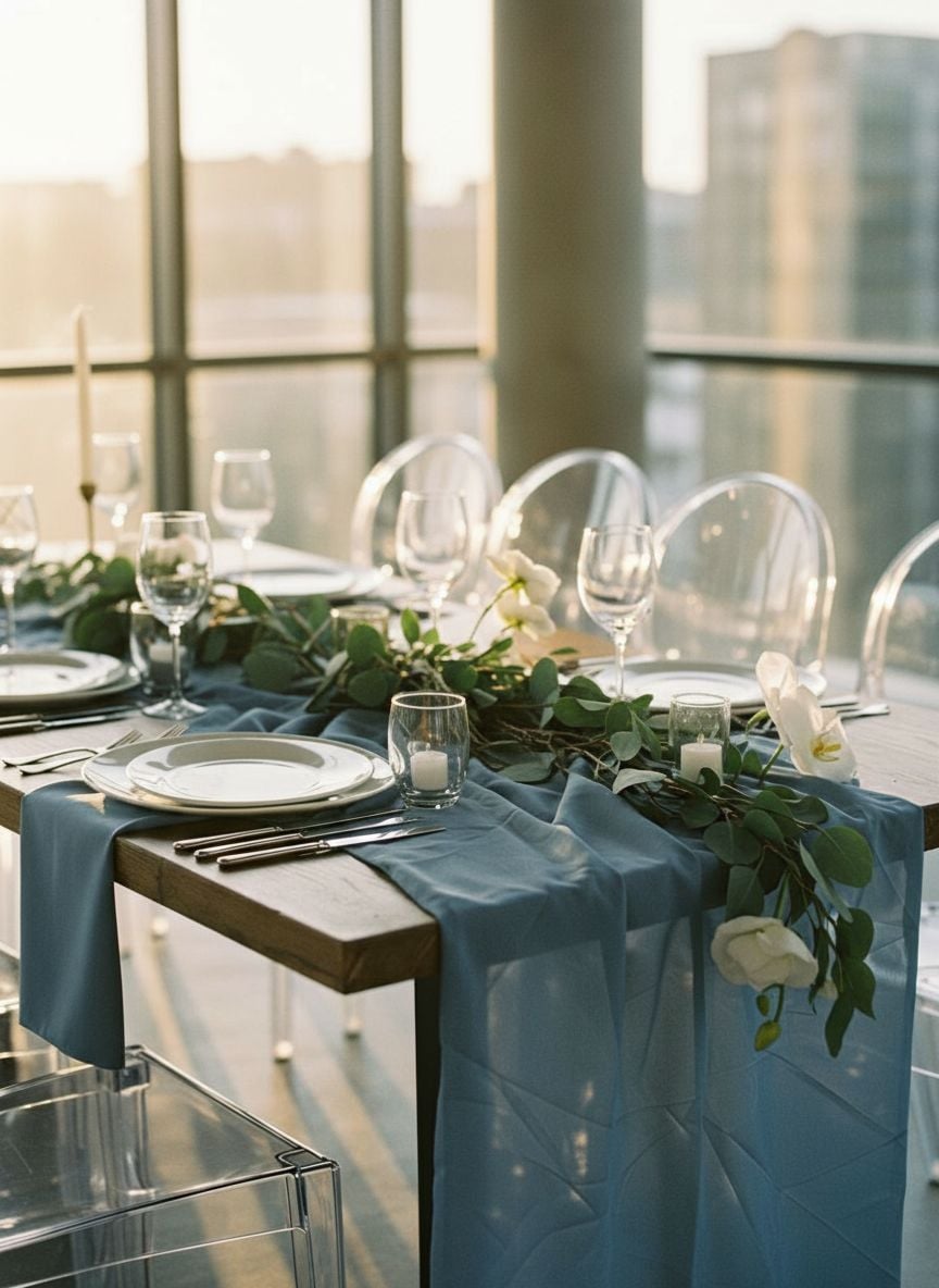 Dusty blue geometric table runners with gold hexagonal centrepieces and marble chargers in modern venue