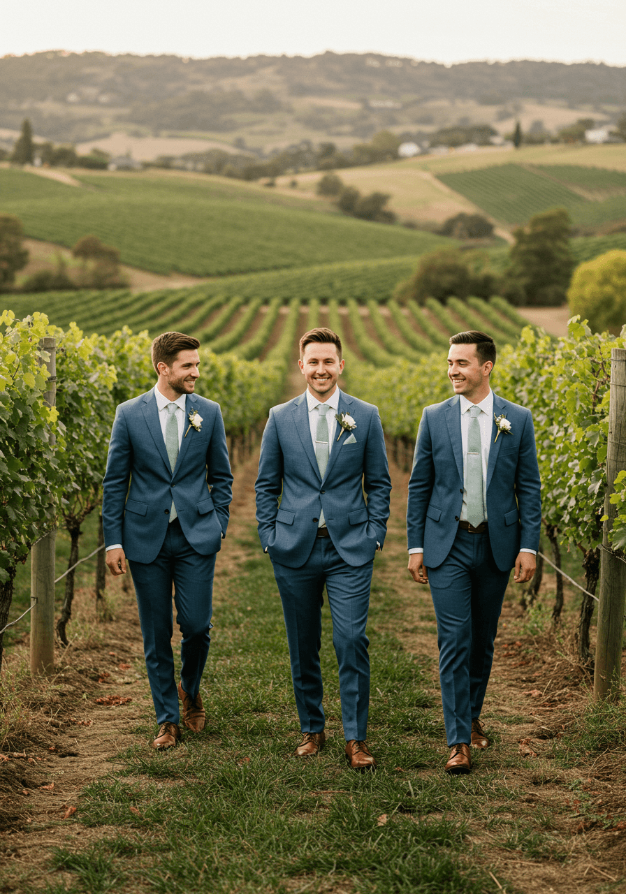 Groomsmen walking through vineyard rows in varied shades of dusty blue suits