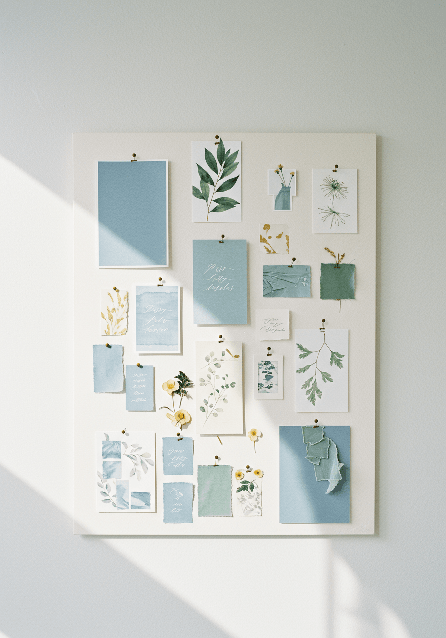 Wedding mood board featuring dusty blue watercolour swatches, sage green botanicals, and gold foil on white wall