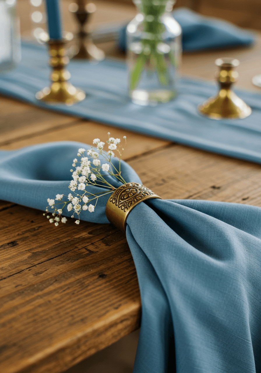 Dusty blue silk napkins with vintage brass rings on weathered wood farm table with baby's breath