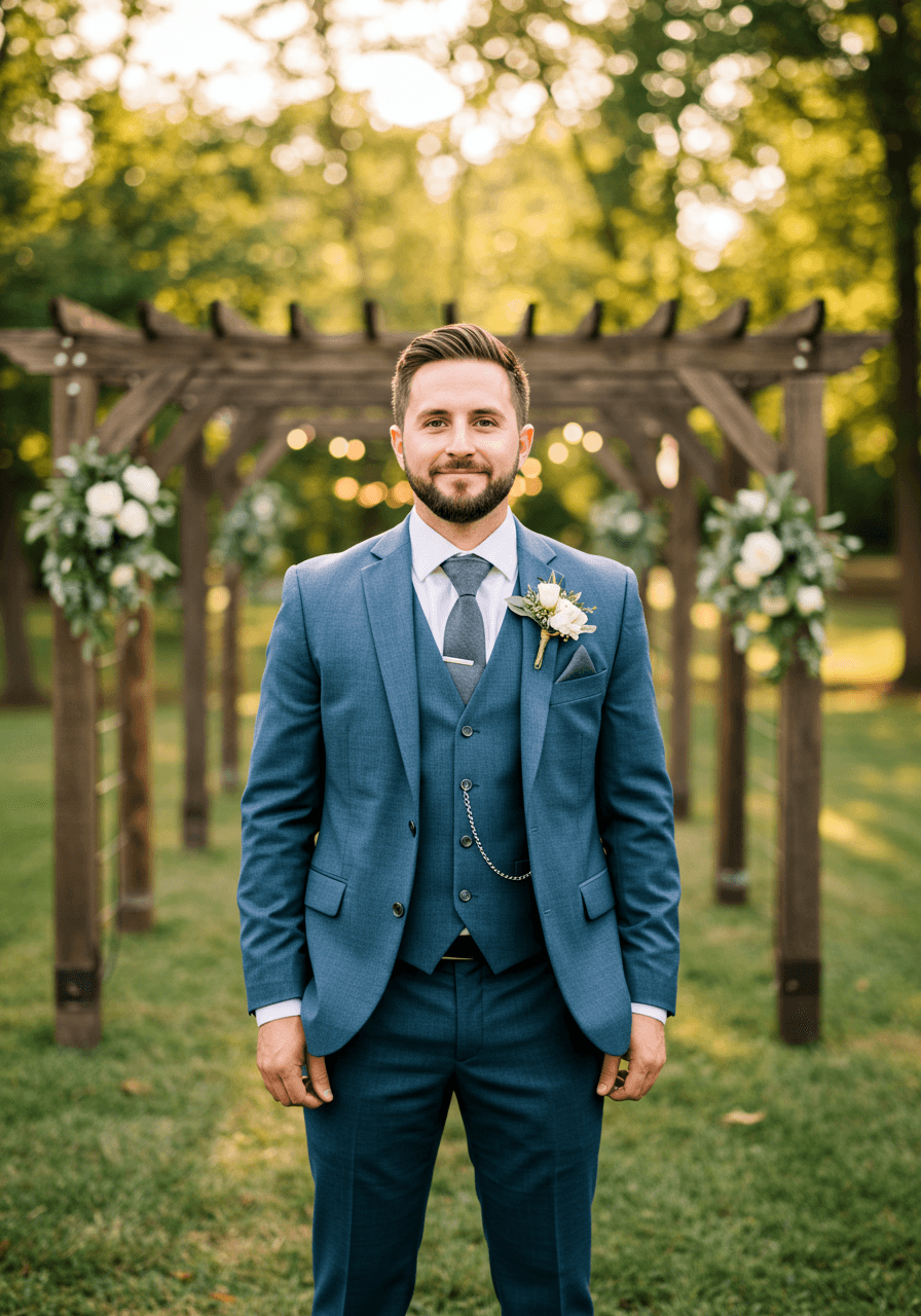 Groom in dusty blue three-piece suit with charcoal vest in rustic outdoor venue at golden hour