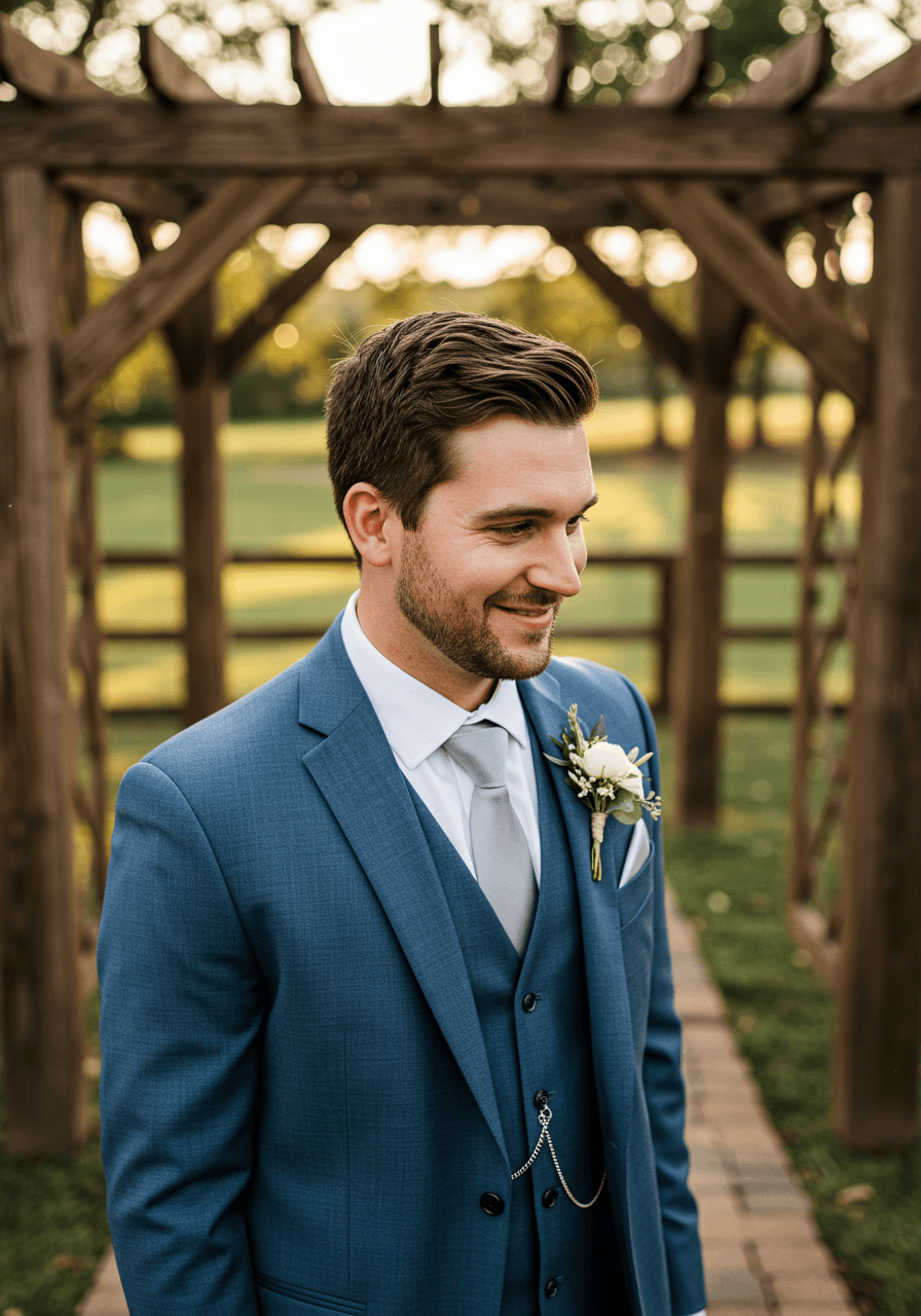 Back view of groom in dusty blue suit with white boutonnière and pocket watch chain