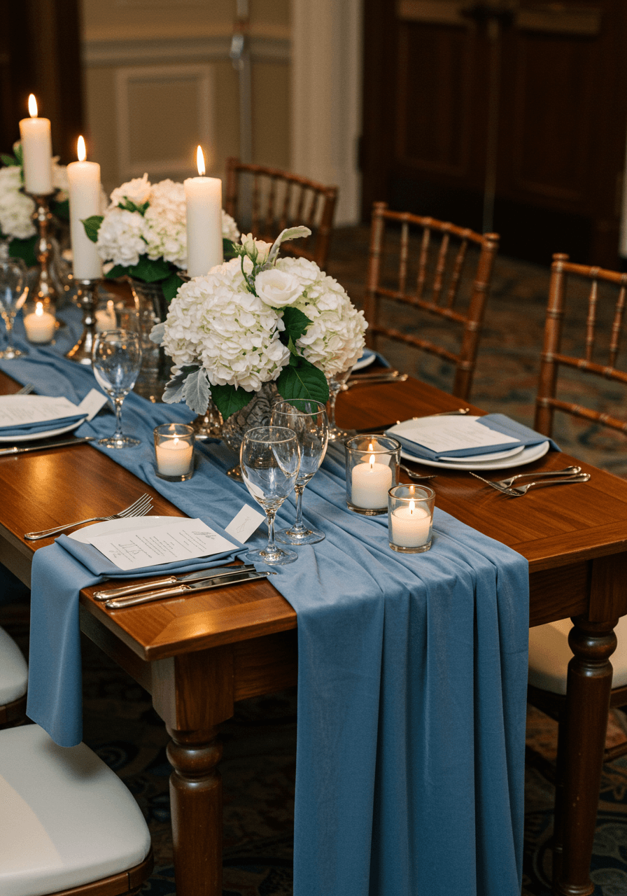 Dusty blue velvet table runner cascading down mahogany table with white porcelain and silver flatware