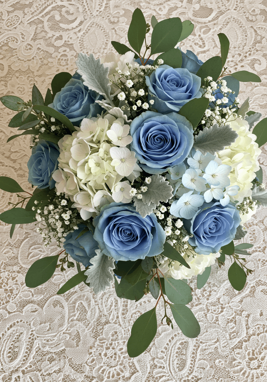 Dusty blue roses, white hydrangeas, and eucalyptus on vintage lace tablecloth with scattered pearls