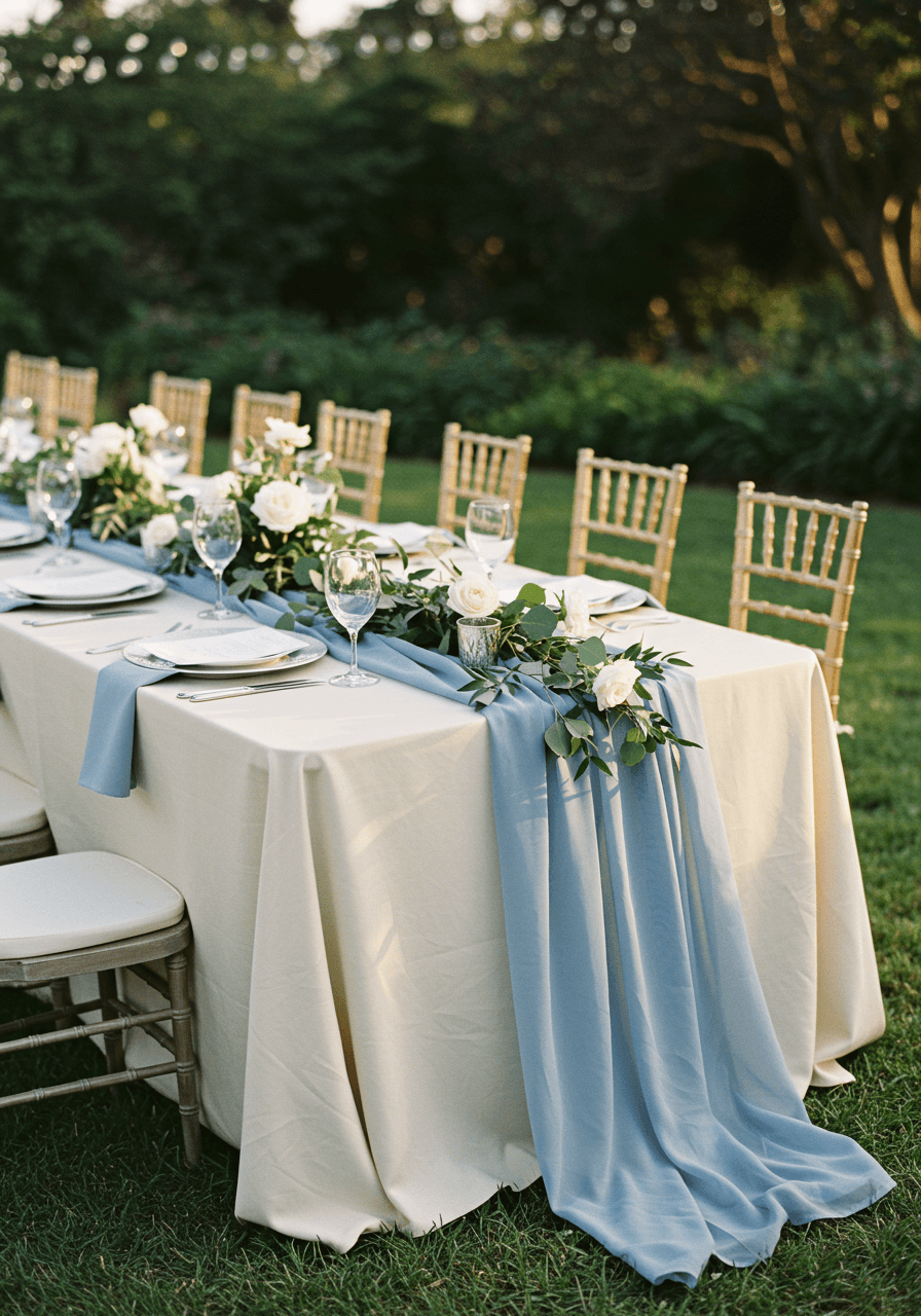 Dusty blue chiffon table runners cascading over ivory linens in outdoor garden at golden hour