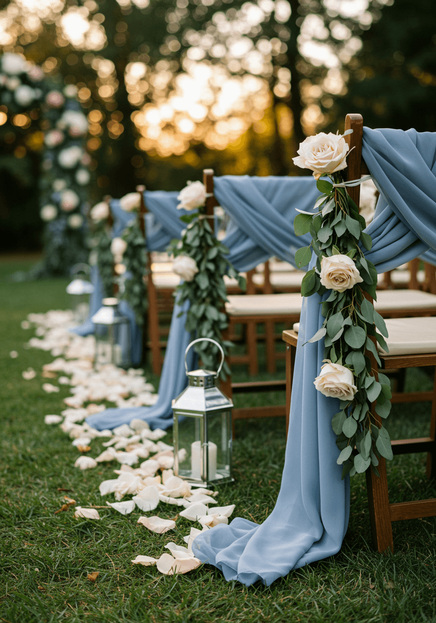 Detail of dusty blue fabric chair draping and scattered rose petals along ceremony aisle