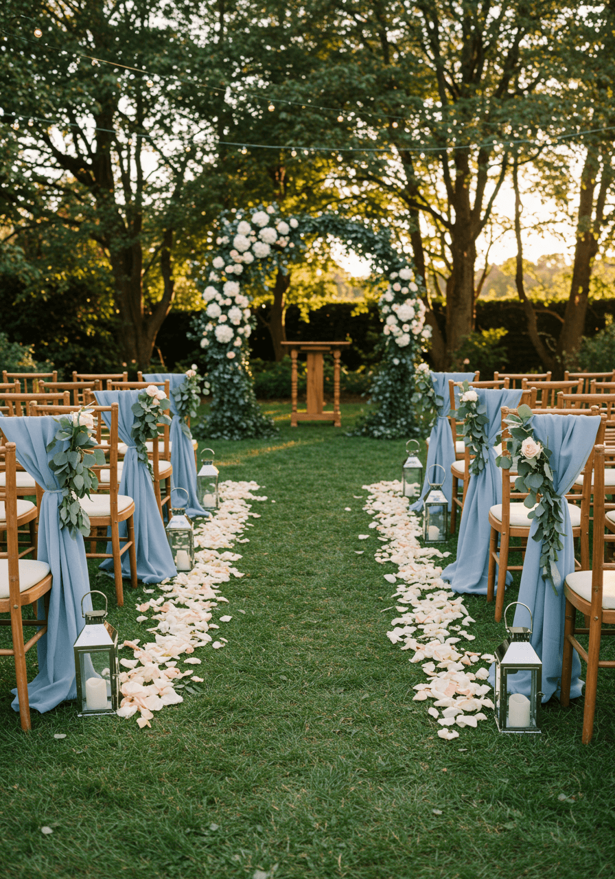 Dusty blue and white wedding aisle with rose petals and eucalyptus lining wooden chairs in garden