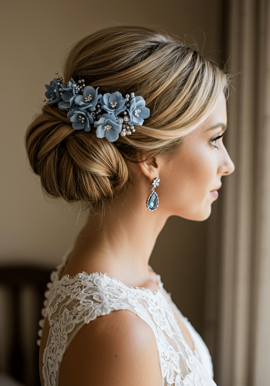 Bridal updo with dusty blue floral hair pins and matching teardrop earrings in soft natural light