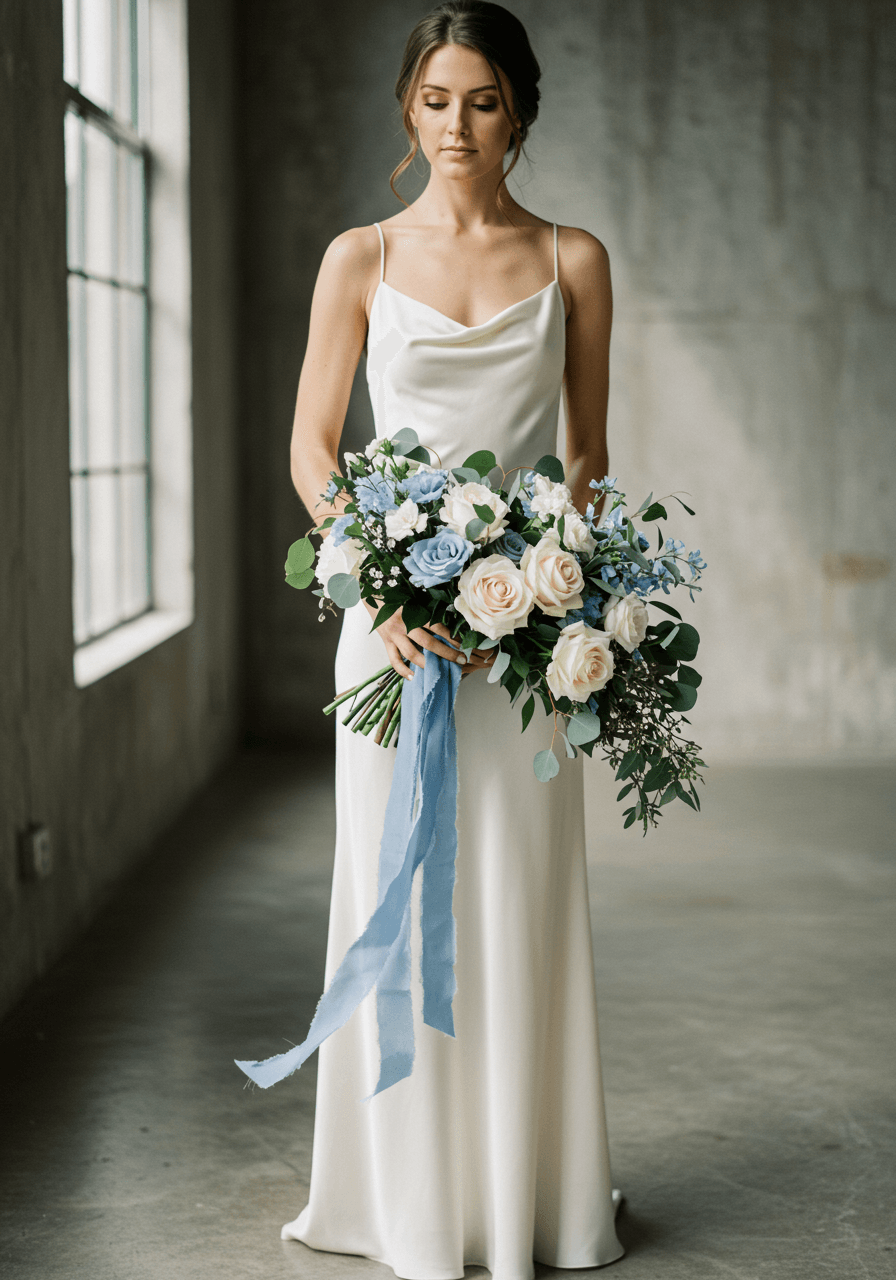Modern bride in silk slip dress holding contemporary dusty blue and white bouquet with geometric ribbon