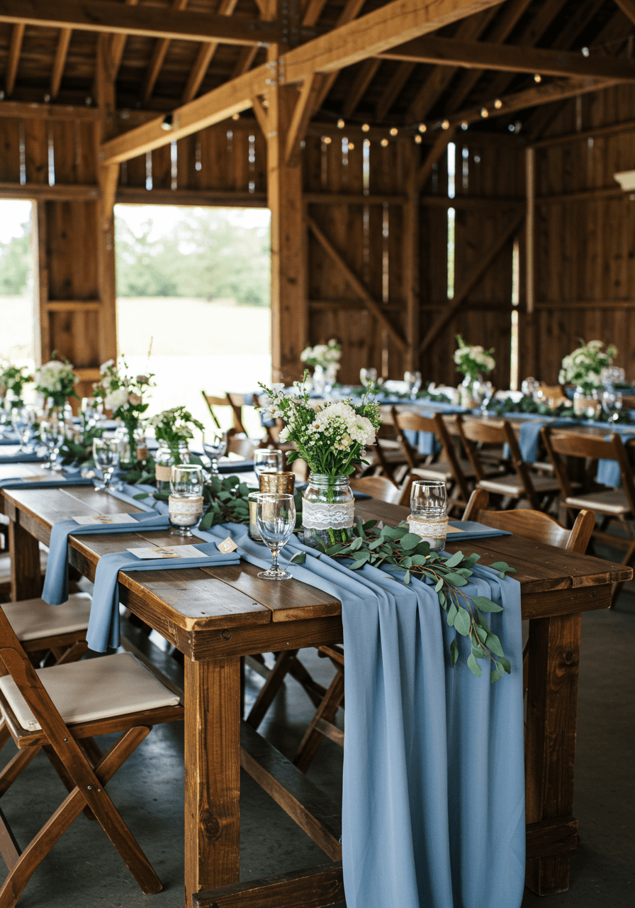 Dusty blue table runners with burlap accents and white flowers on barn wood tables with exposed beams